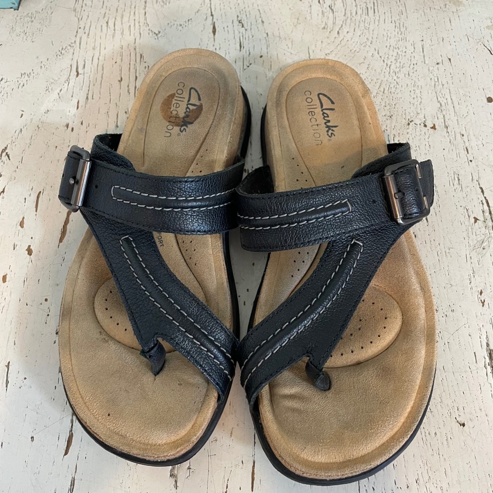 Clarks Collection Brynn Madi Black Leather Thong Sandals Womens 7 Comfort Beach